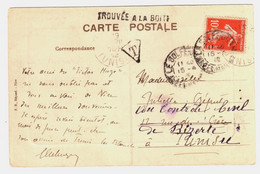 TROUVE A LA BOITE Carte Postale 10c Semeuse RougeYv 138 Destination Tunisie Ob 1912 Taxe T Dans Triangle - Storia Postale