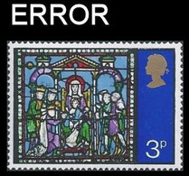 CV:€120.00 Great Britain 1971 Xmas Christmas Stainless Glass 3p ERROR:no Eboss No Phos. - Variétés, Erreurs & Curiosités