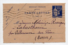 - CARTE-LETTRE TOULOUSE Pour LA BARTHARIÉ / MAILHOC Par VILLENEUVE-SUR-VÈRE (Tarn) 26.3.1938 - 65 C. Bleu Type Paix - - Kartenbriefe