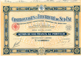 Action De 100 Frcs Au Porteur - Charbonnages & Electricité Du Sud-Est - Cie Minière Du Sud-Est - Paris 1917. - Elektriciteit En Gas