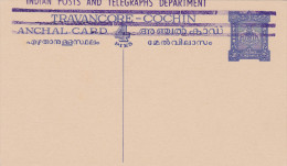 Travancore-Cochin - Stationery Anchal Card - Entier Ganzsache - éléphant Elefant - Travancore-Cochin