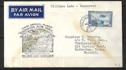 Canada Entête 1er Vol Lettre  Du 8 Mai  1938 De Williams L Lake Pout Vancouver - Erst- U. Sonderflugbriefe