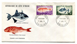 RC 19145 COTE D'IVOIRE N° 354 / 355 POISSONS 1973 FDC 1er JOUR - TB - Fishes