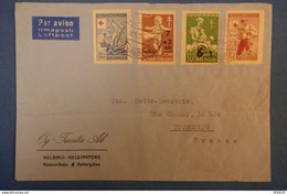 E11 FINLANDE LETTRE 1951 HELSINSKI POUR TOURCOING FRANCE + SURCHARGES CROIX ROUGE, PLAISANT - Storia Postale