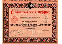 Action De 100 Frcs Au Porteur - Carburateur MEMINI - Lyon 1931. - Cars