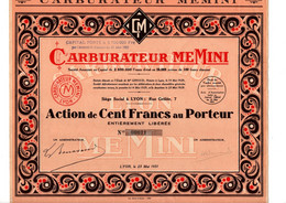 Action De 100 Frcs Au Porteur - Carburateur MEMINI - Lyon 1931. - Automovilismo