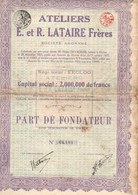 Part De Fondateur Sans Désignation De Valeur - Ateliers E. Et R. Lataire Frères - Eecloo - Bruges - 1925. - Industrie