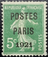 N°26 Rare. Variété. POSTE DE PARIS 1921 Semeuse Surchargés 5c Vert. - 1893-1947