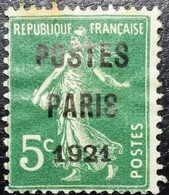 N°26b POSTE DE PARIS 1921 Semeuse Surchargés 5c Vert Foncé. - 1893-1947