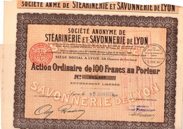 Action Ordinaire De 100 Frcs Au Porteur - S.A. De Stéarinerie Et Savonnerie De Lyon - 1924. - Profumi & Bellezza