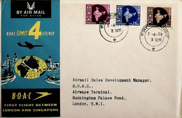 1959 India 1st BOAC Flight London - Singapore (Link Between Bombay And London - Return) - Luftpost