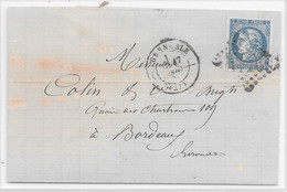 LAC Emission De BORDEAUX - 1870 - YT 46B Type III ND 20c Bleu Au Départ De GRENOBLE Isère > BORDEAUX Gironde - 1870 Emission De Bordeaux