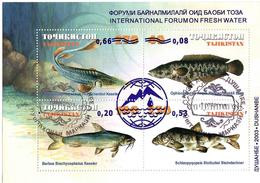 Tajikistan.2003 Fresh Water Forum. Ovpt Fishes S/S 4v:.08,0.2,.53, Michel # BL 33 (oo) - Tajikistan