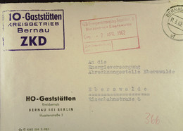 Fern-Brief Mit ZKD-Kastenstempel "HO-Gaststätten Kreisbetrieb Bernau" Vom 31.3.62 An VEB Energieversorgung Eberswalde - Zentraler Kurierdienst
