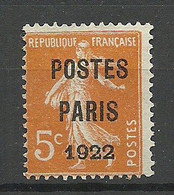 FRANKREICH France OPT Postes Paris 1922 (*) Vorausentwertung Michel 140 V B - 1893-1947