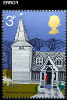 CV:€28.60 Great Britain 1972 Churches Greensted Juxta Ongar Essex 3p ERROR:no Emboss No Phosphor - Abarten & Kuriositäten