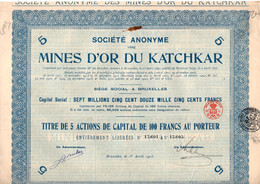 Titre De 5 Actions De Capital De 100 Frs Au Porteur - S.A. Des Mines D'Or Du Katchkar - Russie - Bruxelles 1922. - Rusia