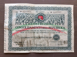 PCI Rarissima Cartella Del 1947 £. 1.000 Ricostruzione E Consolidamento Repubblica - Non Classés