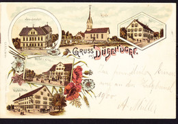 1900 Gelaufene Litho AK: Gruss Aus Dübendorf, 5 Bildrig: Gasthof Hecht Und Kreuz, Post, Sek.schule Und Kirche - Dübendorf