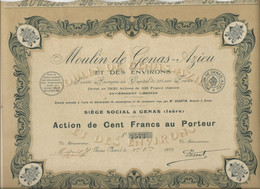 MOULIN DE GENAS - AZIEU -ISERE - ACTION DE 100 FRS -DIVISE EN 3250 ACTIONS - ANNEE 1923 - Agriculture