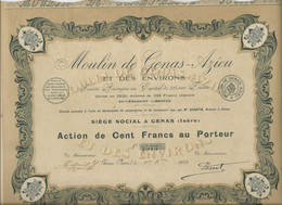 MOULIN DE GENAS - AZIEU -ISERE - ACTION DE 100 FRS -DIVISE EN 3250 ACTIONS - ANNEE 1923 - Landbouw