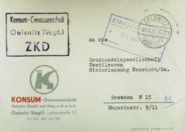 Fern-Brief ZKD-Kastenst. "KONSUM-Genossenschaft Oelsnitz (Vogtl.)" 20.7.62 An GHG Textil Dresden Mit Eing-Stpl. - Storia Postale