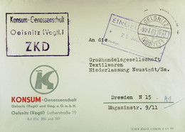 Fern-Brief ZKD-Kastenst. "KONSUM-Genossenschaft Oelsnitz (Vogtl.)" 20.7.62 An GHG Textil Dresden Mit Eing-Stpl. - Covers & Documents