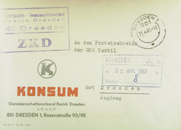 Orts-Brief ZKD-Kastenst. "KONSUM-Genossenschaftsverband Bezirk Dresden" Vom 21.4.67 An GHG Textil Dresden Mit Eing-Stpl. - Covers & Documents