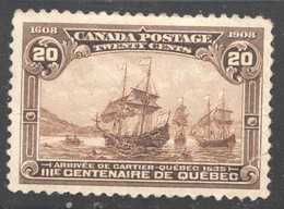 1908  Quebec City Tercentenary  20 ¢  Cartier's Arrival 1535  Scott 103  MH *  Very Good Centering Gum Bends - Neufs