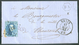 N°15 - Médaillon 20 Centimes Bleu, Obl. LP 243 Sur Lettre De MENIN le 17 Mai 1865 + Boîte Hexagonale DA de HALLUIN (FRAN - 1863-1864 Medallions (13/16)