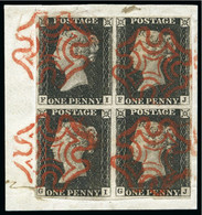 1840 1d Black Pl.2 FI-GJ Without Ray Flaws In Block Of Four, Fine To Good Margins, Beautifully Tied To A Piece By Crisp  - Gebraucht