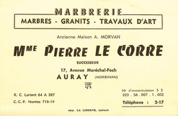 Auray * Marbrerie Marbres Granits Travaux D'art Mmme Pierre LE CORRE 17 Av Maréchal Foch * Carte De Visite Ancienne - Auray