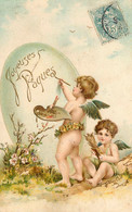 Angelots Peintres * CPA Illustrateur Gauffrée Embossed * Joyeuses Pâques * Oeuf * Anges Angels - Anges