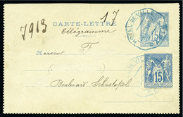 1887, Devant D'entier De Type Carte-lettre Type Sage 15c Bleu - 1876-1898 Sage (Tipo II)