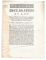 DECLARATION DU ROY LOUIS XV Du 29 Octobre 1726 - Aucunes Especes Or Argent Dans Les Courriers... Signé VERDUC - Decretos & Leyes