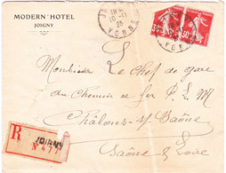 YT 160 X 2 Sur Recommandé "Modern' Hotel" à Joigny, Pour Chalon-sur-Saône (1923) - 1906-38 Sower - Cameo