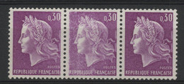 N° 1536 MARIANNE DE CHEFFER VARIETE D'IMPRESSION DEPOUILLEE Sur Bande De Trois Du 30ct Lilas. Neuf ** (MNH). TB - 1967-1970 Marianne De Cheffer