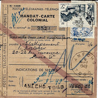 1949- MANDAT CARTE COLONIAL D'ANECHO / TOGO  Taxe 7 F.  Pour Envoi De 3321 F. - Brieven En Documenten