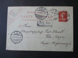 Frankreich 1908 Ganzsache Stempel Paris 43 Nach Cöln Und Stempel Ra2 Aus Dem Briefkasten An Oberpostassistent Schmidt - Cartas & Documentos