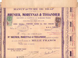 Action De 1000 Frcs Au Porteur - Manufacture De Drap - Brenier, Moreynas & Tissandier - Vienne - Isère - 1929. - Tessili