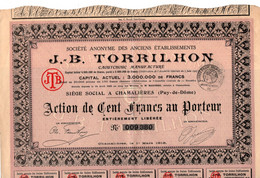 Action De 100 Frcs Au Porteur - S.A. Des Anciens Etablissements J-B-Torrrilhon - Caoutchouc Manufacturé - Chamalières. - Industry