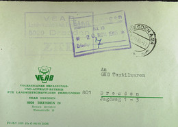 Orts-Brief ZKD-Kastenst. "VEAB Landwirtschaftl. Erzeugnisse 8020 Dresden" 18.11.65 An GHG Textil Dresden Mit Eing-Stpl. - Covers & Documents