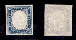 ANTICHI STATI ITALIANI - SARDEGNA - 1861 - 20 Cent Celeste Grigio (15Db) Con Falla Di Stampa In Angolo - Gomma Originale - Andere & Zonder Classificatie