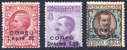 1923 CORFU' N.9/11 NUOVI* TRACCIA DI LINGUELLA CON VARIETA' TIMBRINO BOLAFFI - MLH SIGNED BOLAFFI + VARIETY - Korfu