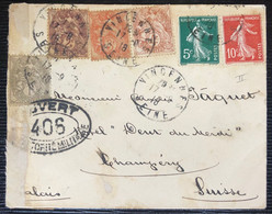 Petite Lettre 6 Couleurs !! 1918 Blanc/semeuse N° 107,108,109,110, 138 Type II Obl Vincennes Pour La Suisse + Censure !! - 1900-29 Blanc