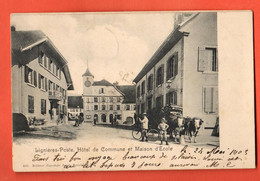 ZBV-17 TRES RARE Lignières-Poste Près Landeron. Littoral .Hotel De Commune Et Ecole. Attelage Boeufs, ANIME. Préc 1903. - Le Landeron