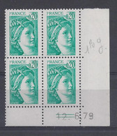 SABINE N° 1967a - BLOC De 4 COIN DATE - NEUF SANS CHARNIERE - 12/6/79 2 Traits - 1970-1979