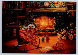 HEDGEHOGS Near Fireplace BOOKS Library Tea Party New Unposted Postcard - Zonder Classificatie