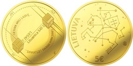 Lithuania 5 Euro 2018 "Lithuanian Science - Space, Satellites" AU Gold PROOF - Lithuania