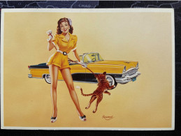 ► PACKARD Clipper 1950s  & Pin-Up Tiger - Dessin Automobile (Litho. France Deuil La Barre ) - Pin-Ups